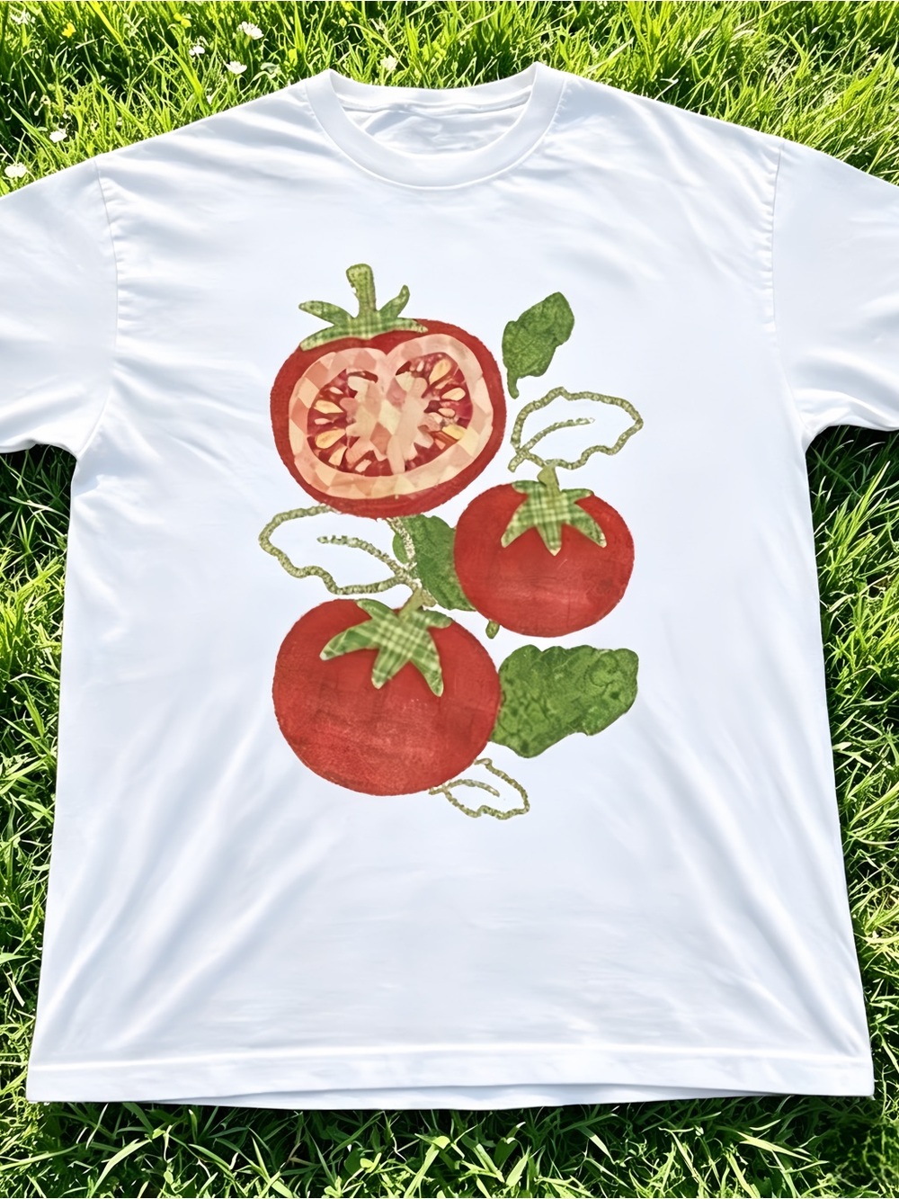 Y2K Cute Tomato Pattern T-Shirt, White, Unisex.